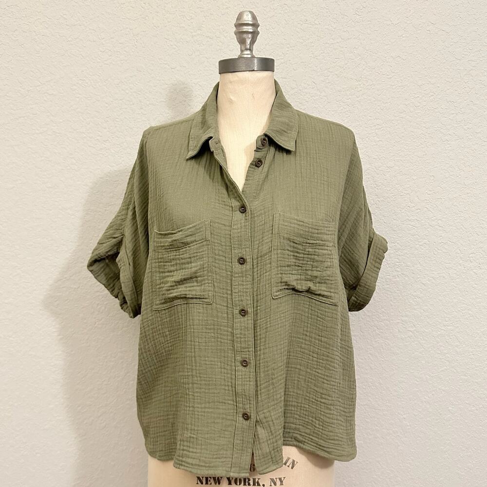 MADEWELL Lightspun Beachside Shirt Olive Green Dolman Boxy Seersucker